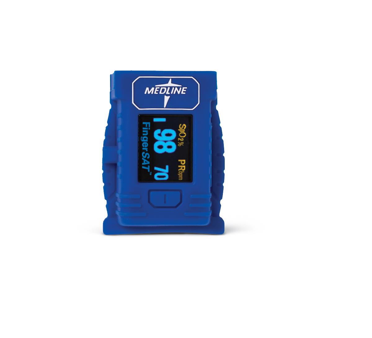 Medline High-impact Finger Pulse Oximeter, front view, with lanyard attachment point.