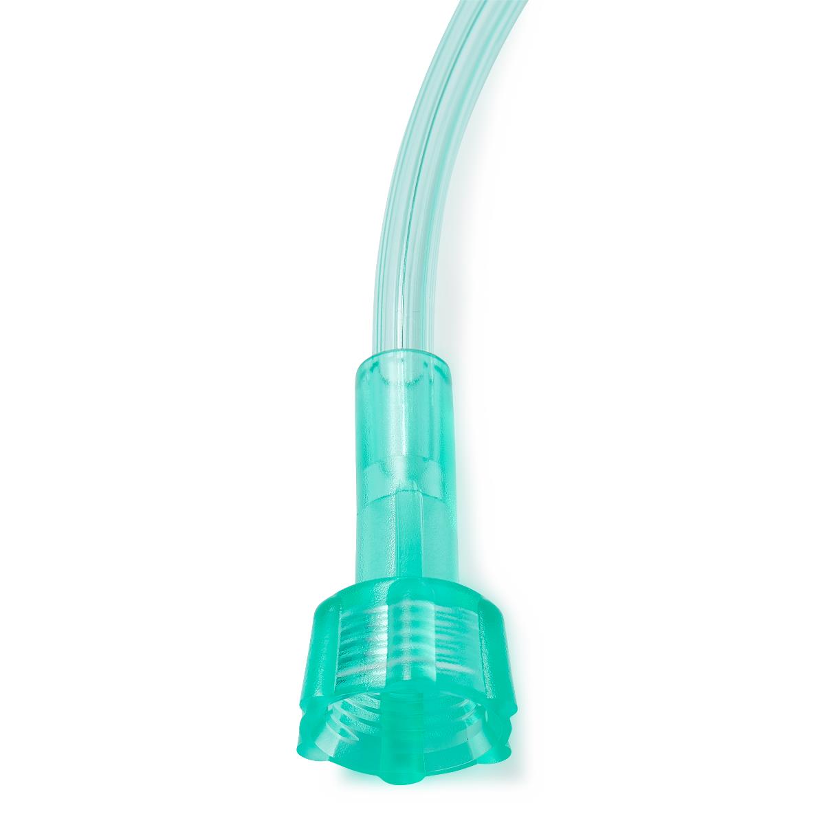 Close-up of Medline green oxygen tubing with universal connector.