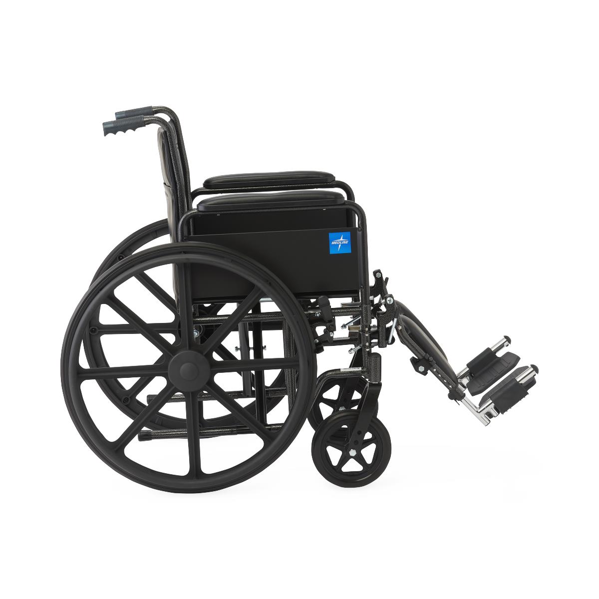 Medline Guardian K1 Wheelchair, front view, footrests extended.