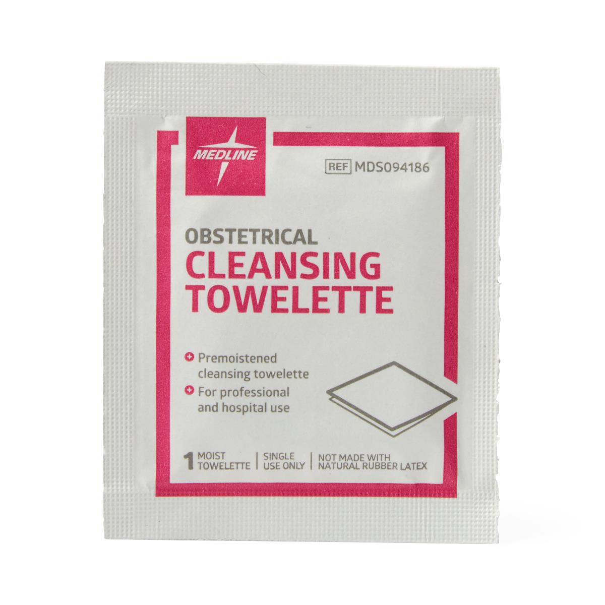 Medline Obstetrical Cleaning Towelettes, multiple towelettes stacked, showing size and thickness.