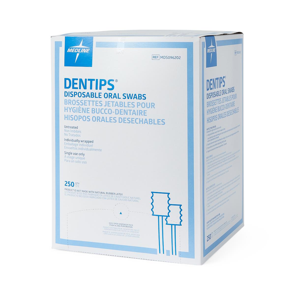 Medline Dentips untreated oral swab sticks, box contents.