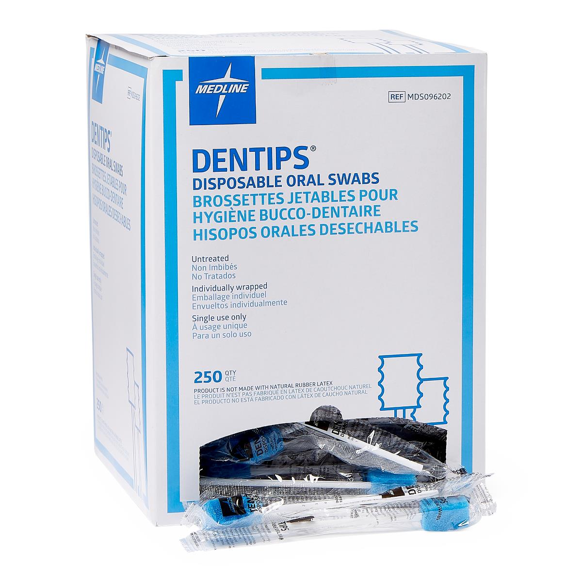 Medline Dentips untreated oral swab sticks, angled view.