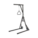 Freestanding bariatric trapeze with wheels, highlighting the height adjustment mechanism.