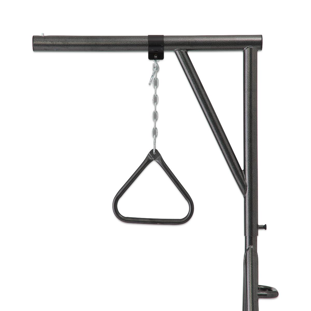 Freestanding bariatric trapeze with wheels, side view, demonstrating portability.