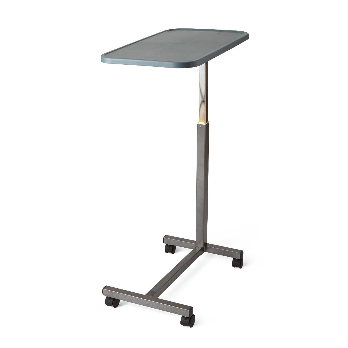 Underside view of the composite H-base overbed table's sturdy base and wheels.