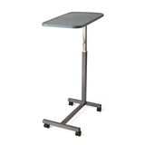 Underside view of the composite H-base overbed table's sturdy base and wheels.