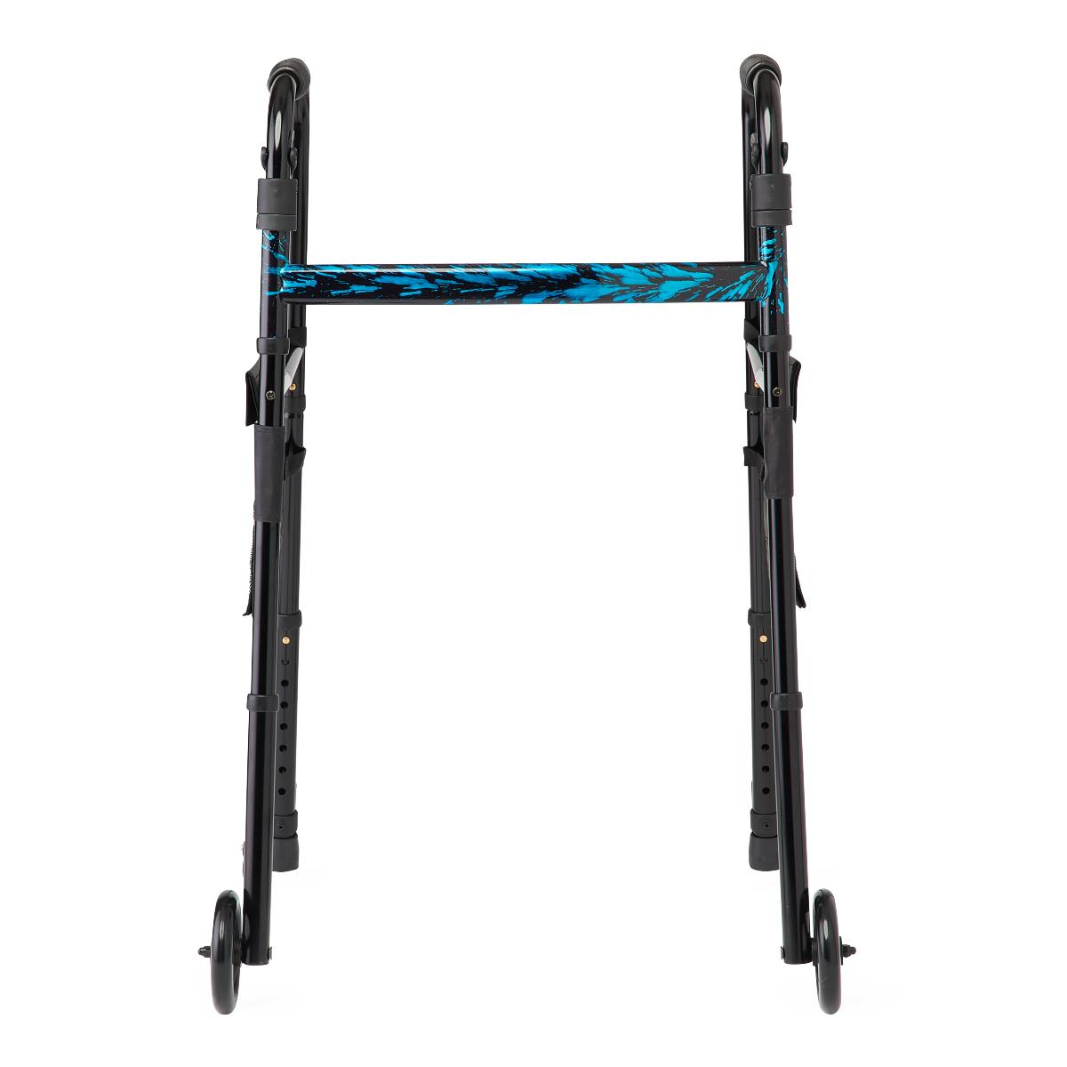 Medline Folding Trigger Walker with 5-inch wheels, rear view.