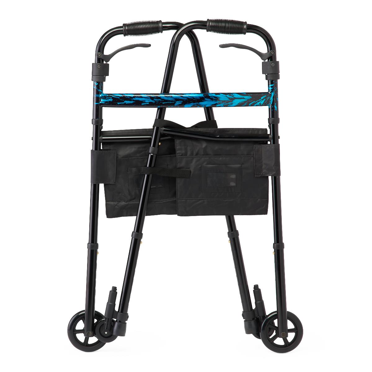 Medline Folding Trigger Walker with 5-inch wheels, front view.