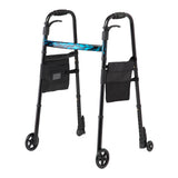 Medline Folding Trigger Walker with 5-inch wheels, angled view.
