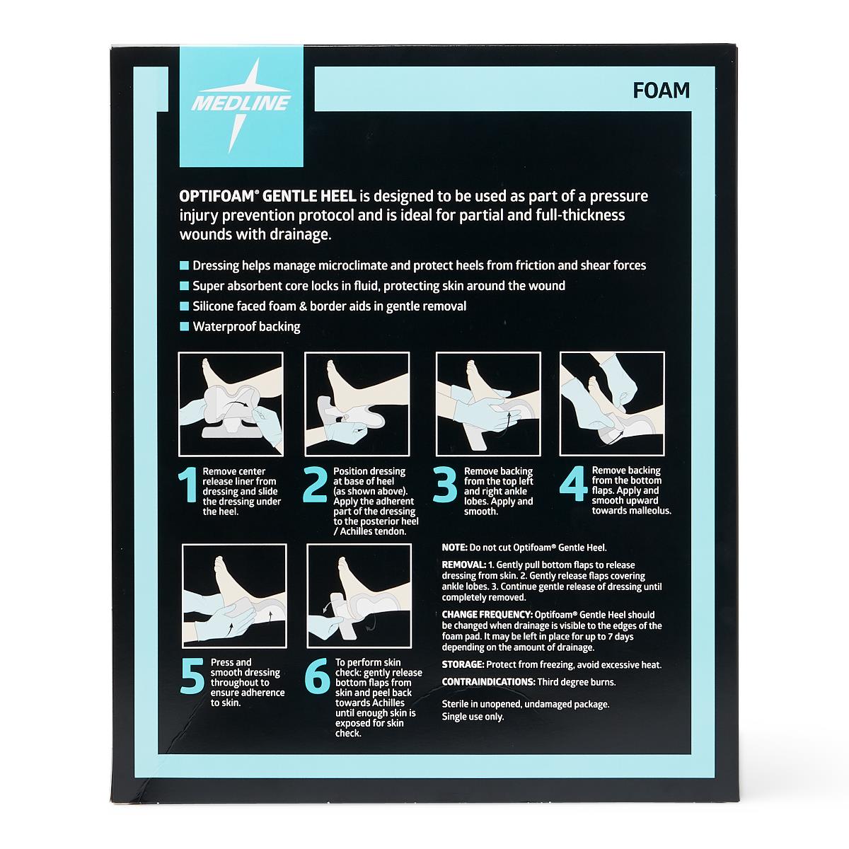 Optifoam Gentle Heel Silicone-faced Foam Dressing, packaging and product.