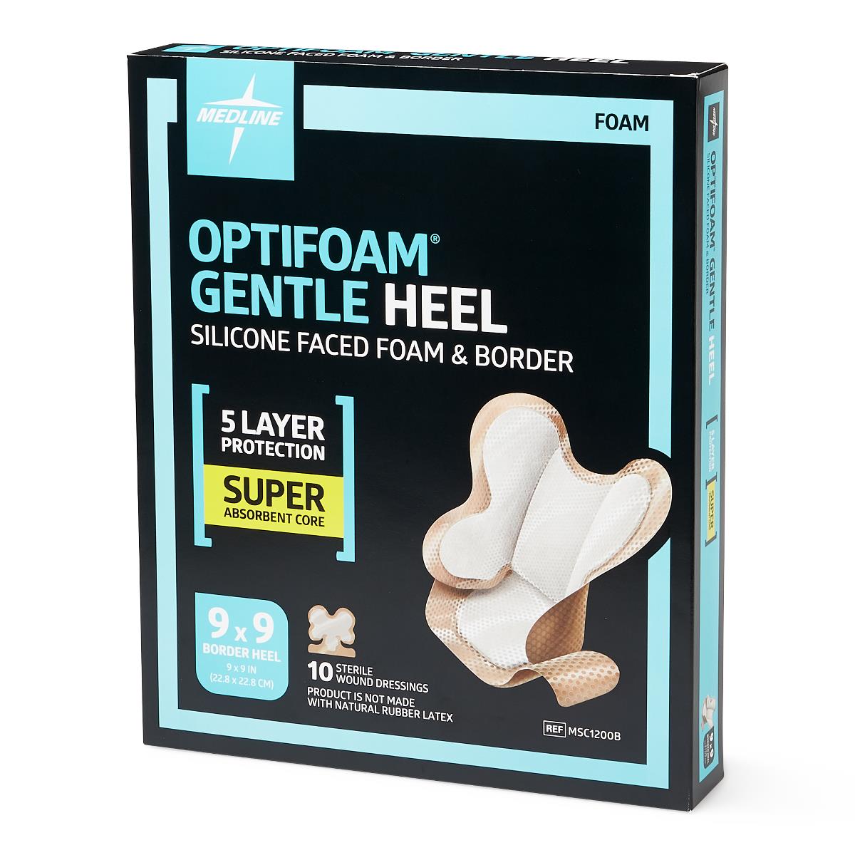 Optifoam Gentle Heel Silicone-faced Foam Dressing, showing product features.