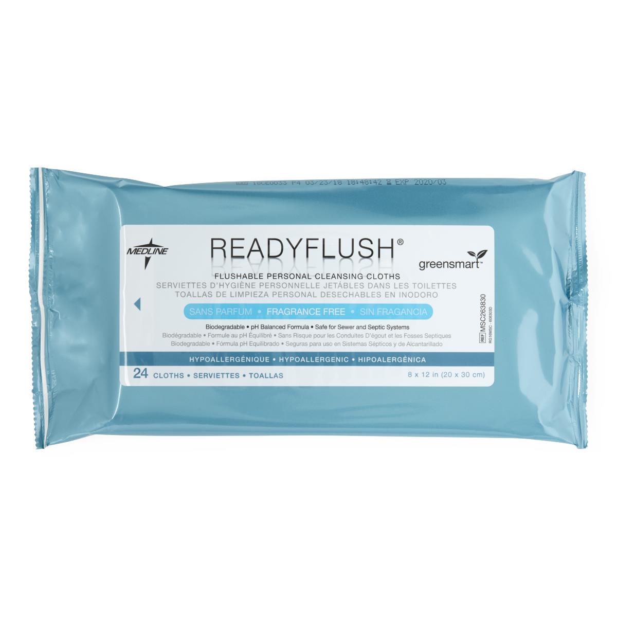 Readyflush Biodegradable Flushable Wipes, multiple packs displayed.