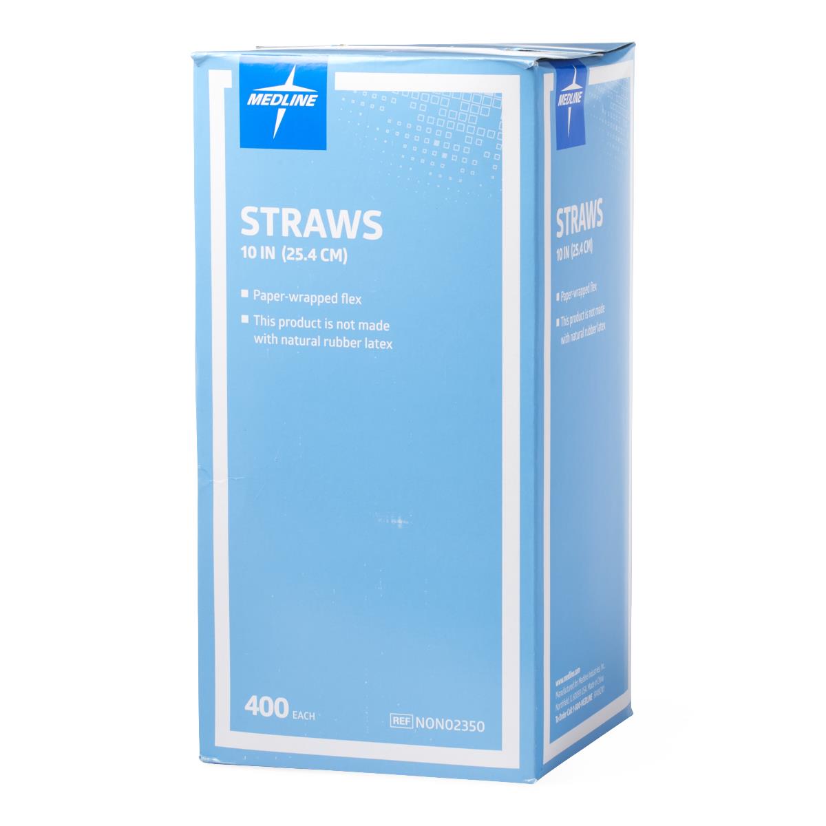 Medline flexible plastic drinking straws, full box view, multiple straws visible