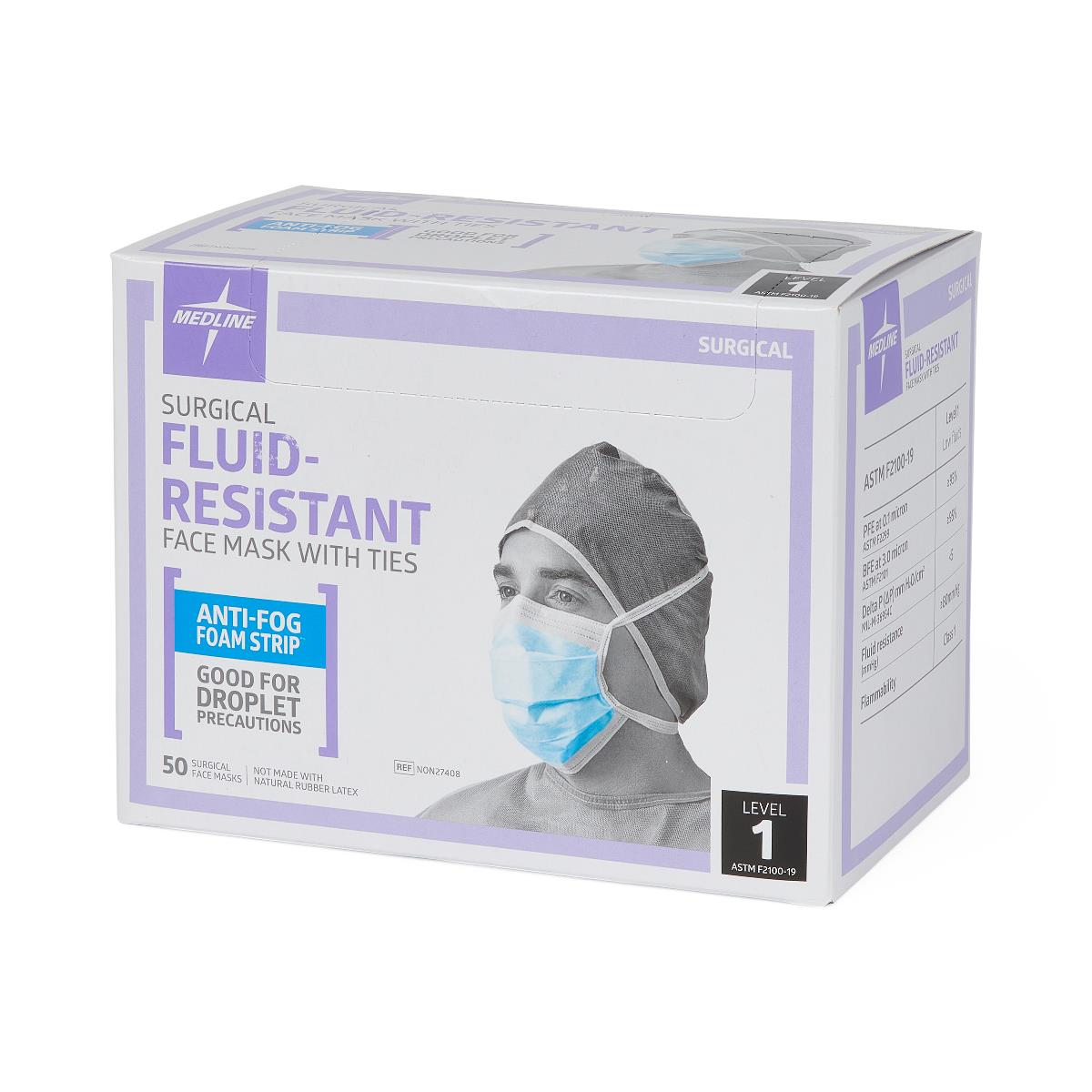 Medline ASTM L1 Surgical Face Mask with Anti-Fog Foam and Ties