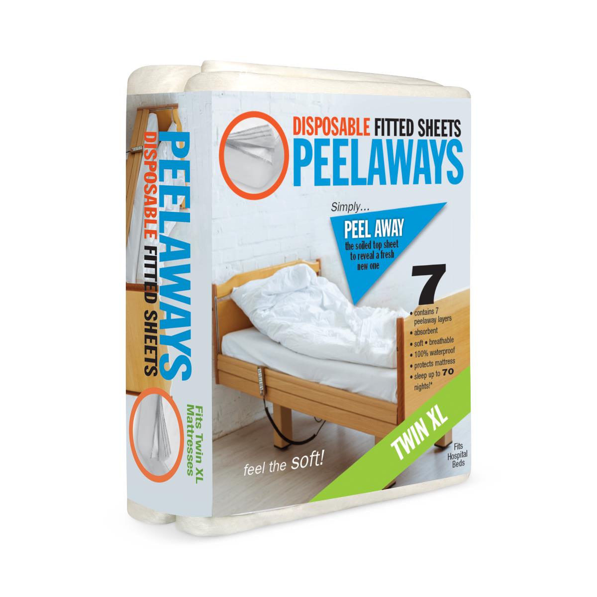 Peelaways multi-layered fitted sheets on a bed, showing multiple peelable layers.