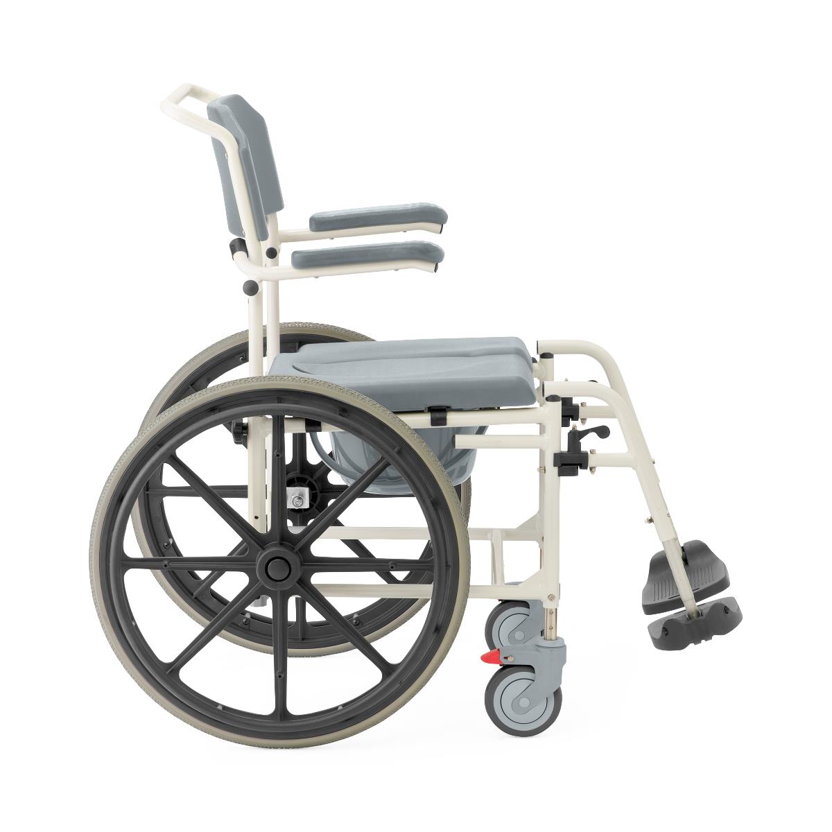 Aluminum shower commode wheelchair, angled view, emphasizing its compact design.