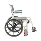 Aluminum shower commode wheelchair, angled view, emphasizing its compact design.