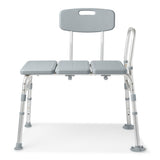 Medline transfer bench with back, showcasing the backrest and arm support.