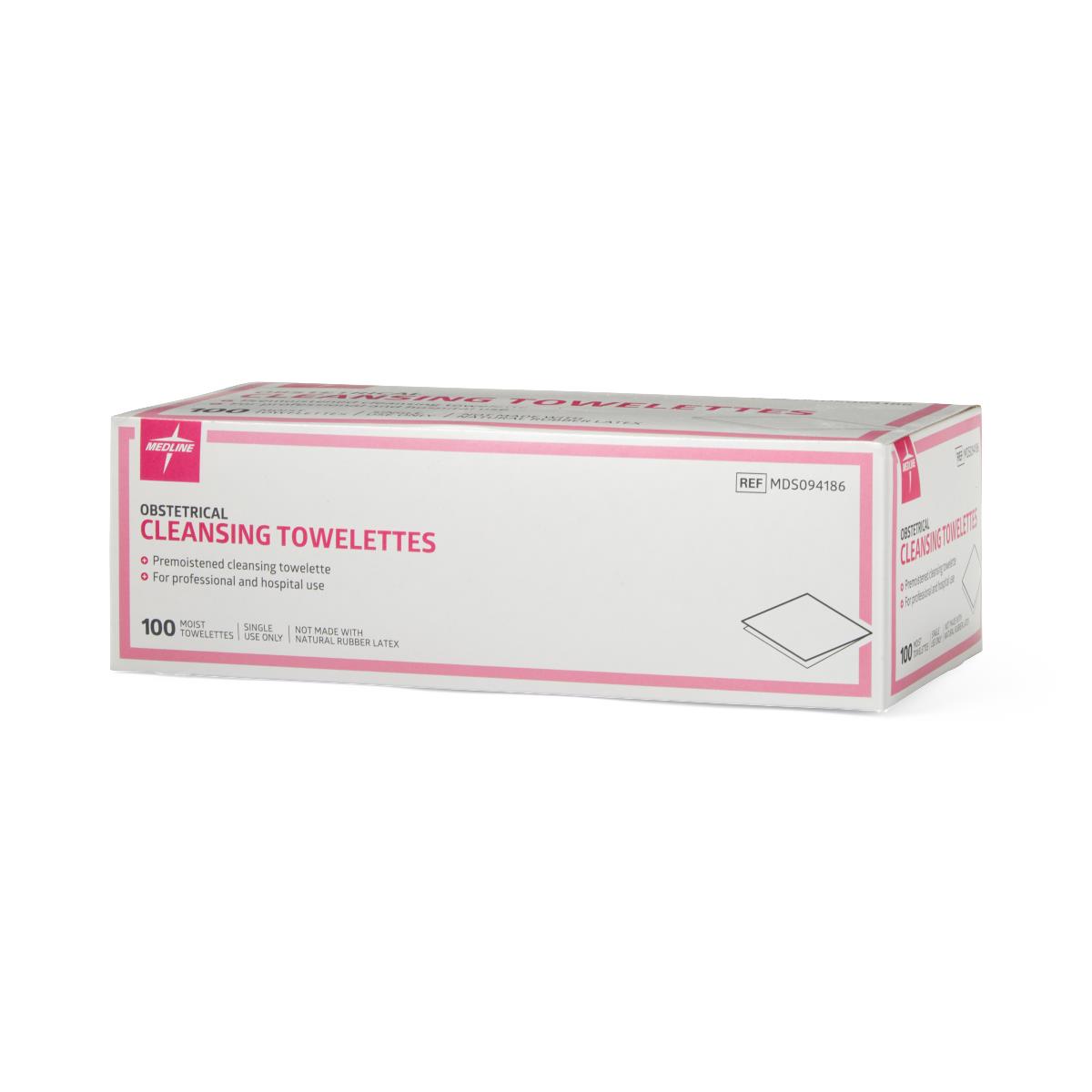 Medline Obstetrical Cleaning Towelettes, box of individually wrapped towelettes.