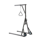 Freestanding bariatric trapeze with wheels, close-up of the trapeze handle.