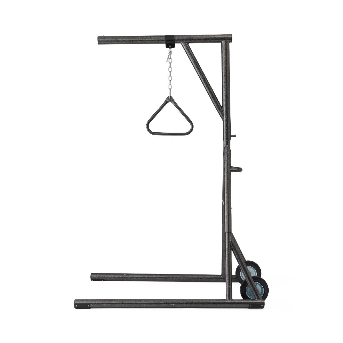 Freestanding bariatric trapeze with wheels, showing the base and casters.