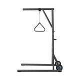Freestanding bariatric trapeze with wheels, showing the base and casters.
