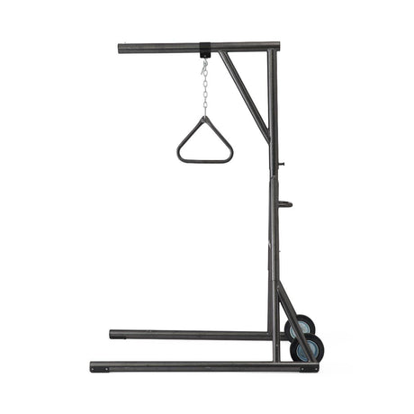 Freestanding bariatric trapeze with wheels, showing the base and casters.