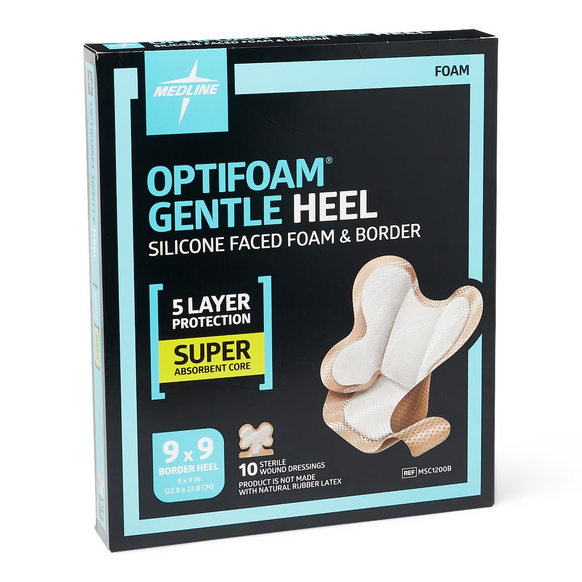 Optifoam Gentle Heel Silicone-faced Foam Dressing, in sterile packaging.