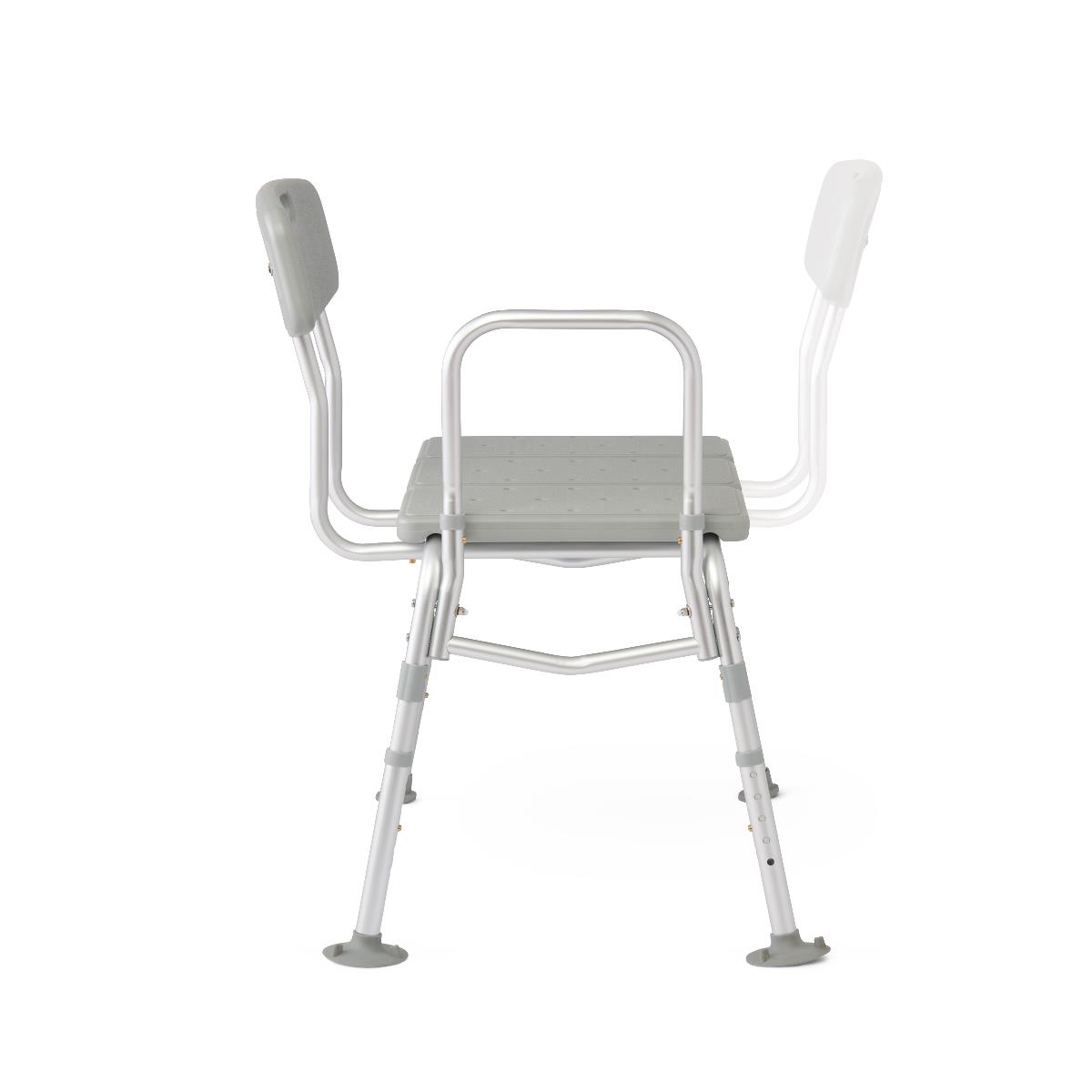 Transfer bath bench with back support, close-up of non-slip feet.