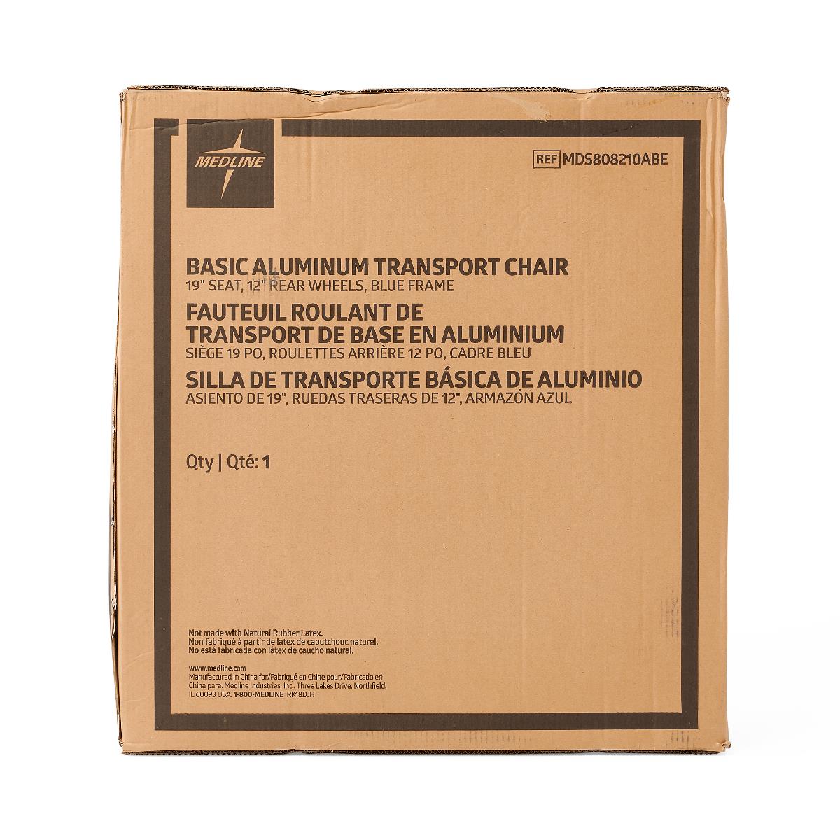 Folded aluminum basic transport chair for storage or transport.