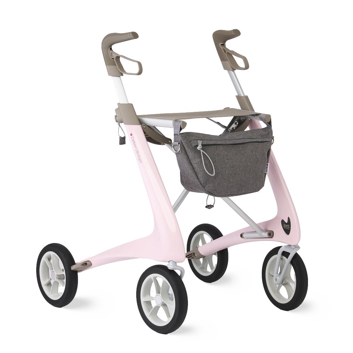 Byacre Carbon Ultralight Rollator, with a user seated on the built-in seat.