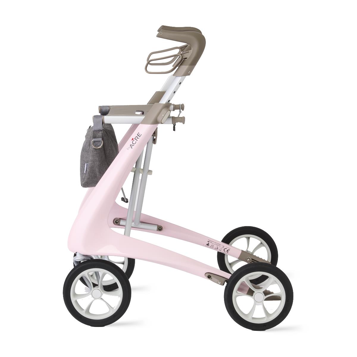 Byacre Carbon Ultralight Rollator, detailed view of the durable wheels and suspension.