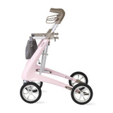 Byacre Carbon Ultralight Rollator, detailed view of the durable wheels and suspension.