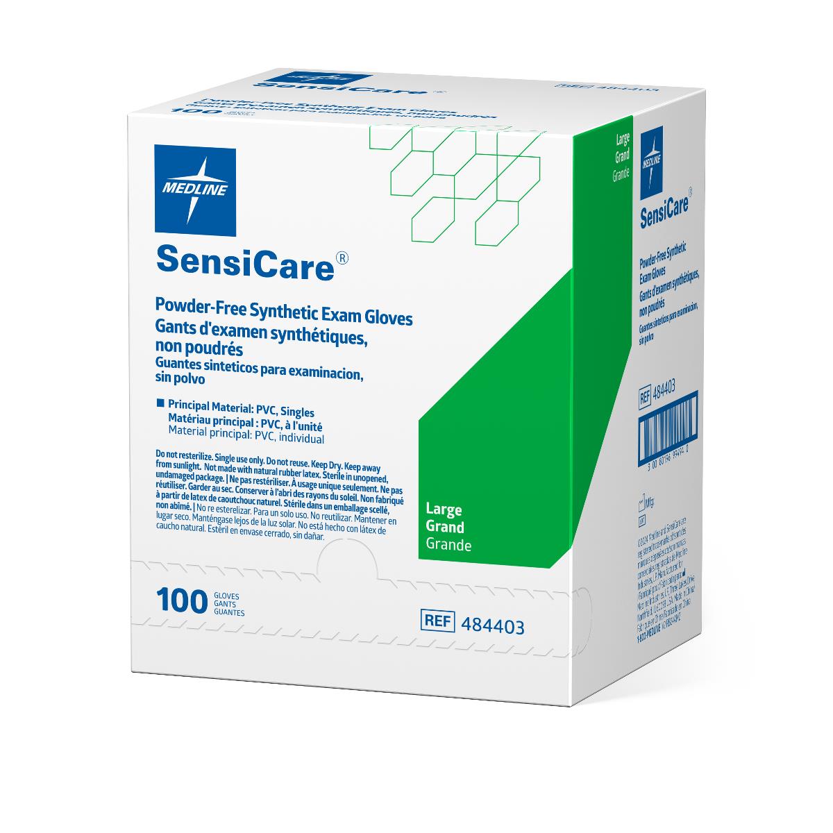 Sensicare powder-free stretch vinyl sterile exam gloves, packaging label.