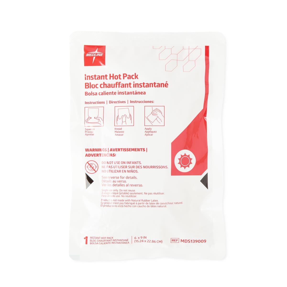 Medline Instant Hot Pack, primary image of a single pack and a box of 24.