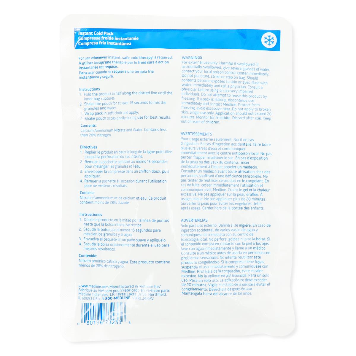 Instant Cold Pack Medline General Purpose 5-3/4 X 9 Inch Plastic / Calcium Ammonium Nitrate / Water Disposable