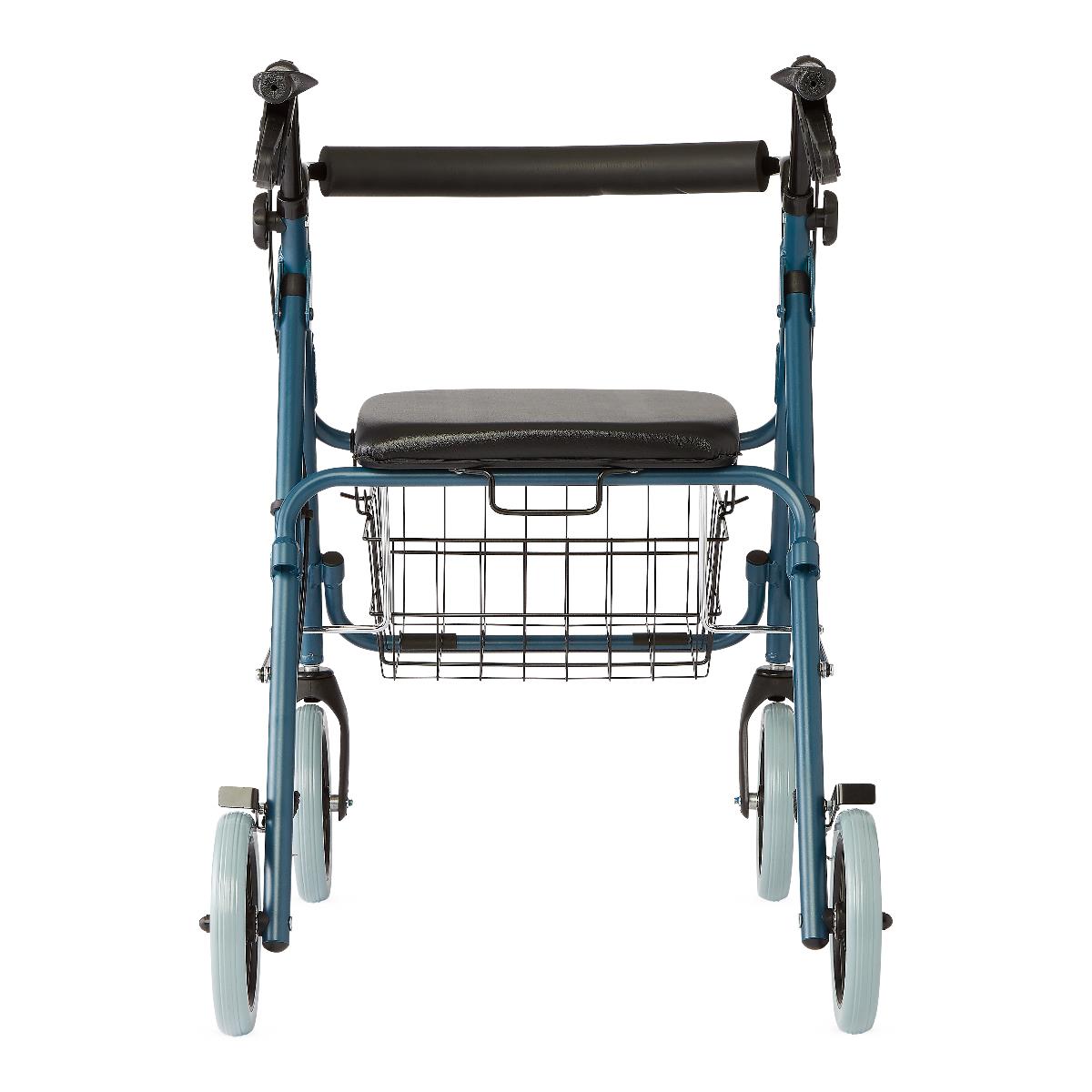 Folded blue Guardian rollator walker, compact for storage and transport.