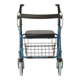 Blue rollator walker with a comfortable seat and backrest.
