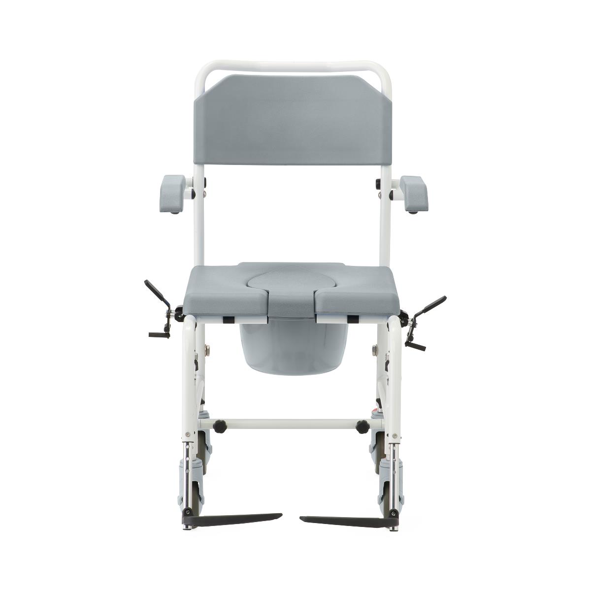 Aluminum commode with wheels, angled view, highlighting seat and armrests