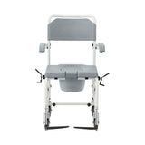 Aluminum commode with wheels, angled view, highlighting seat and armrests