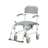 Aluminum commode with wheels, close-up of wheel with locking mechanism