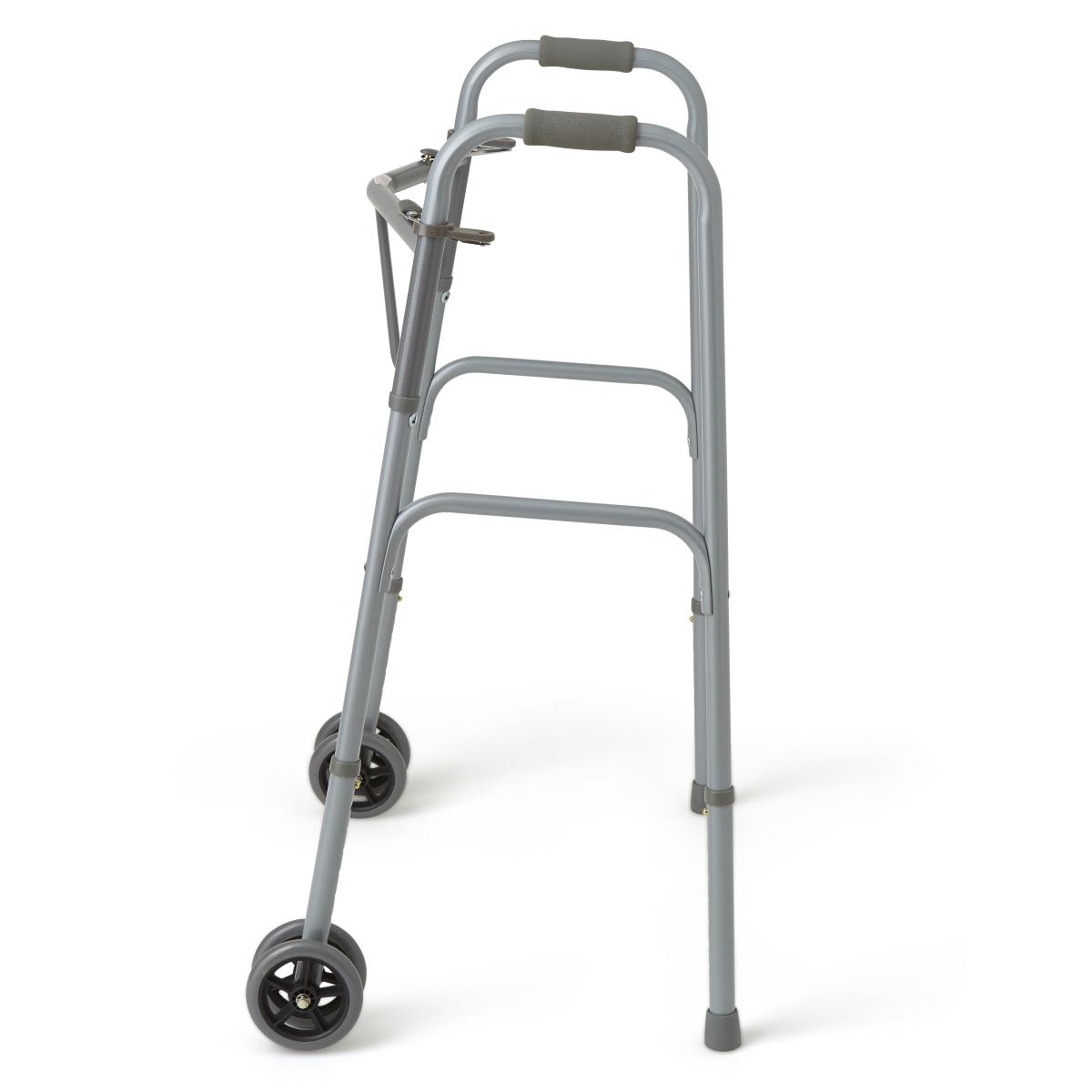 Medline Guardian bariatric folding walker with wheels, side view.