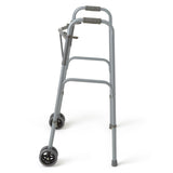 Medline Guardian bariatric folding walker with wheels, side view.