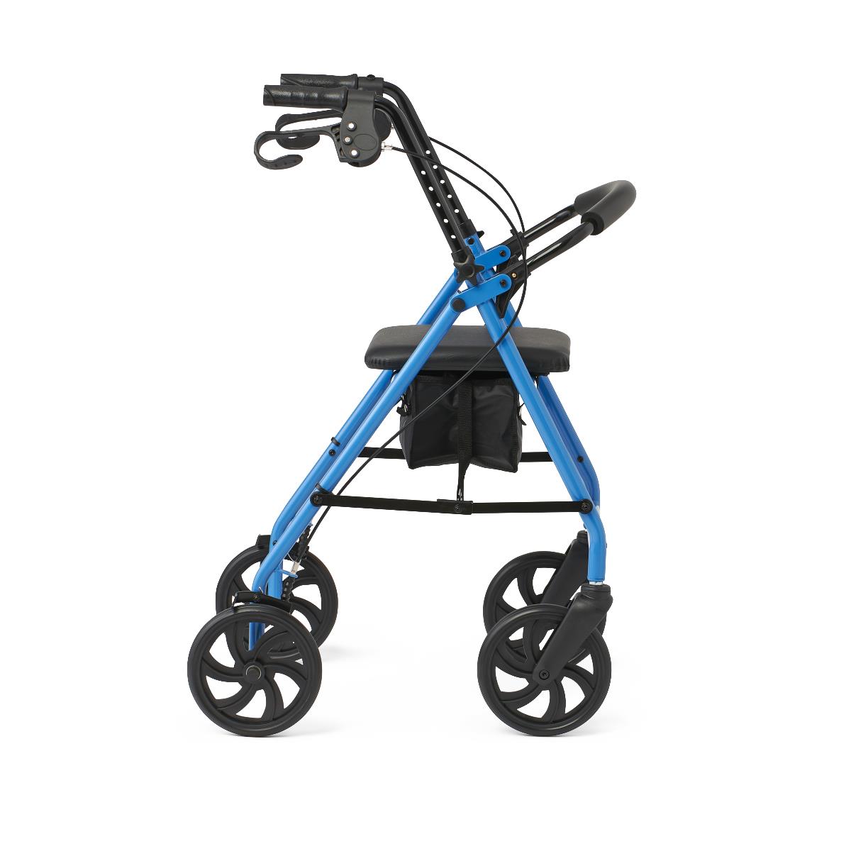 Medline Basic Steel Rollator, close-up of the wheels and brakes.