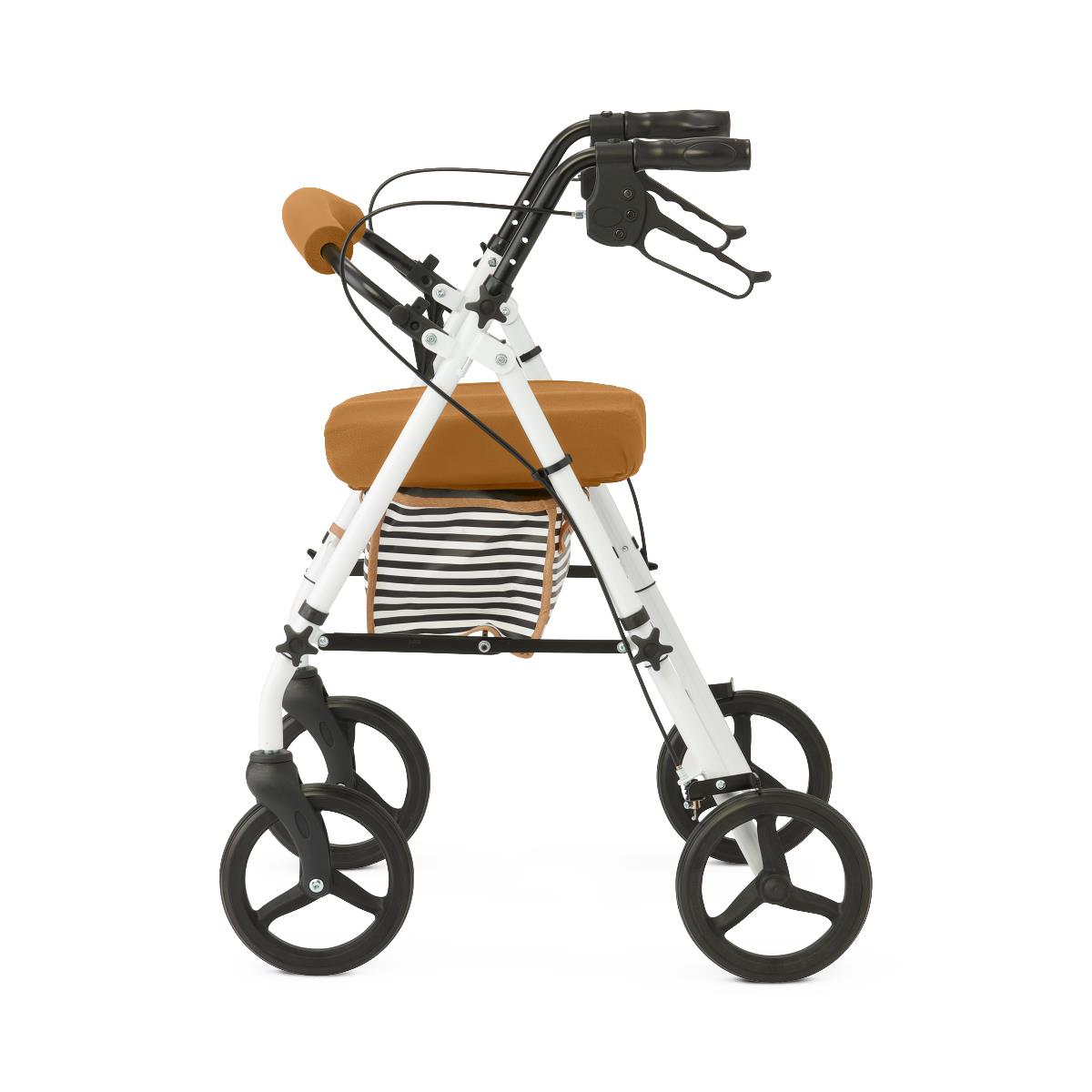 Detail of the Medline Basic Steel Rollator's storage pouch under the seat.