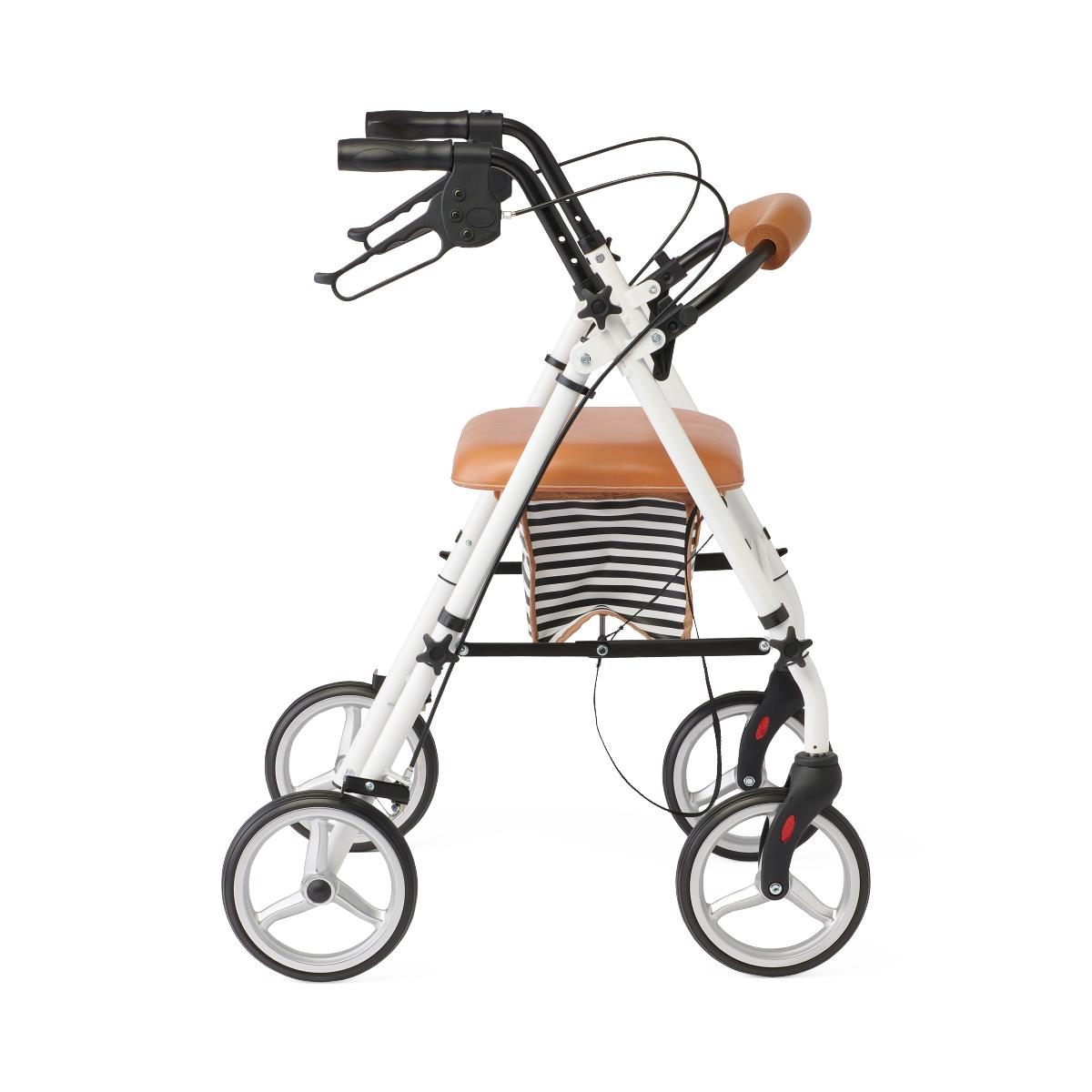 Close-up of Medline Basic Steel Rollator's ergonomic handgrips and brake system.