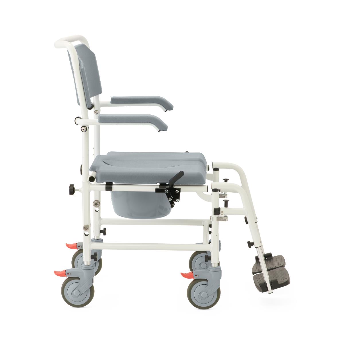 Aluminum commode with wheels, side view, showing durable frame and casters