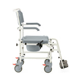 Aluminum commode with wheels, side view, showing durable frame and casters