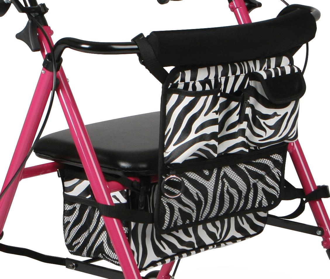 Medline Deluxe Posh Pink Zebra Rollator, folded for storage.