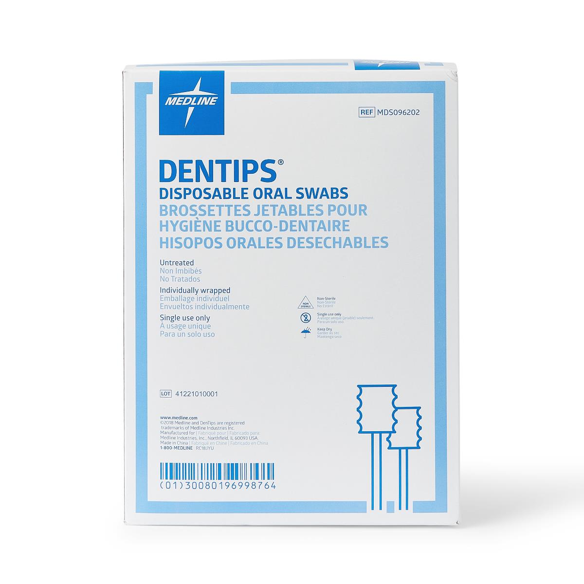 Dentips Oral Swabs, packaging detail with product name and usage information.